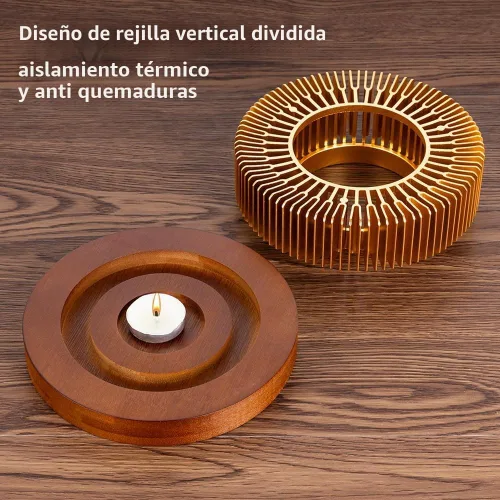 Vista 4 de Calderín de tetera, calentador de té de aluminio con base de madera, calentador de vela para calentar té, café, leche, alimentos, camping y viajes