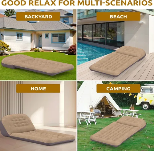 Vista 6 de Colchón inflable de aire individual para acampar con respaldo ajustable, catre inflable para acampar para viajes, dormir, sofá inflable