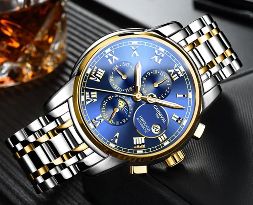 Vista 3 de CARNIVAL Reloj de lujo para hombre, mecánico automático, de acero inoxidable, cristal de zafiro, impermeable, para hombre