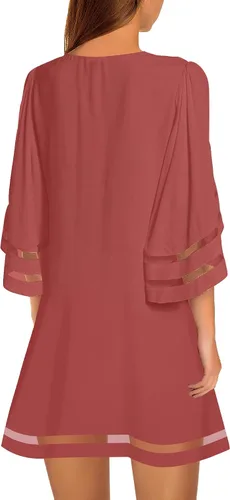 Vista 2 de LookbookStore - Vestido estilo túnica para mujer, holgado, con mangas 34 acampanadas con panel de malla, cuello redondo