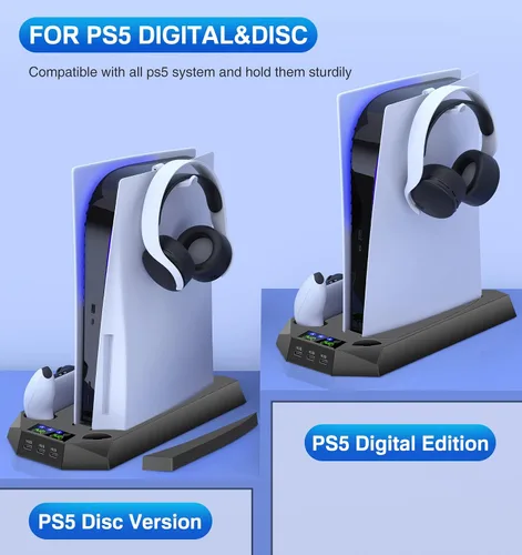 Vista 4 de Soporte PS5 con estación de carga de controlador PS5, estación de refrigeración para Playstation 5, PS5, consola de disco edición digital