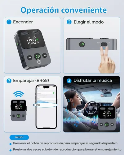 Vista 5 de Adaptador Bluetooth 5.3 para avión, transmisor y receptor 2 en 1, conecta 2 AirPods o auriculares, pantalla HD, conector de audio auxiliar de 0.138