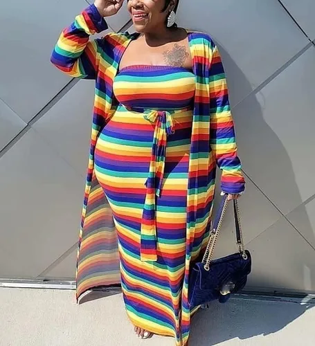 Vista 3 de Las mujeres más tamaño sexy de dos piezas trajes impresos fuera del hombro corbata cintura tubo vestido vestido Maxi Cardigan conjunto chándal