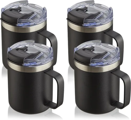 Vista 24 de Taza de café aislada de 12 onzas con asa, taza de café de viaje de acero inoxidable con tapa abatible, vaso de café de doble pared con aislamiento