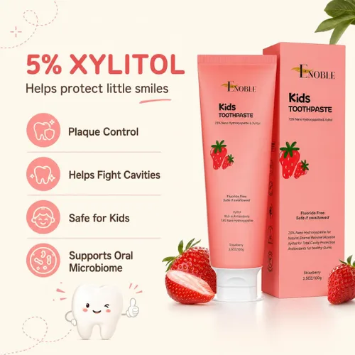 Vista 5 de Enoble Pasta de dientes para niños, pasta de dientes natural sin flúor para niños, niños pequeños y bebés con 7.5% de nano-hidroxiapatita y xilitol