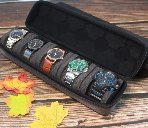 Vista 7 de AUKURA Estuche de viaje para reloj duro caja de almacenamiento y organizador de 5 ranuras para hombres y mujeres con almohada de reloj antimovimiento