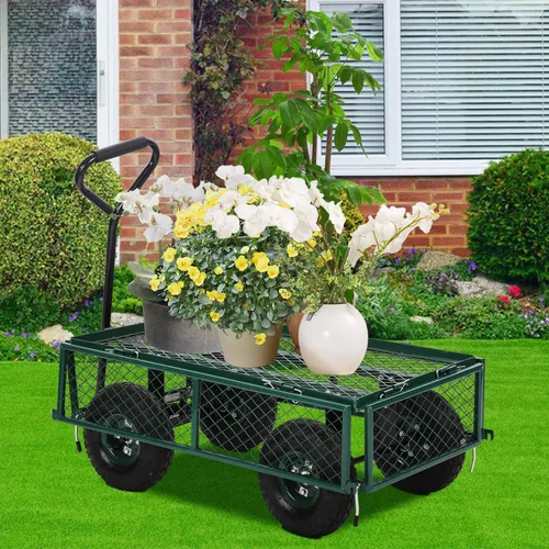 Vista 5 de Carrito de jardín de acero resistente, carrito utilitario para patio, carrito utilitario para césped al aire libre con lados extraíbles y ruedas