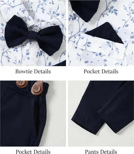 Vista 3 de WESIDOM Ropa de bebé niño 0-18M recién nacido traje de caballero, camisa+pajarita+boina+pantalón con tirantes Conjunto de ropa para bebé niño