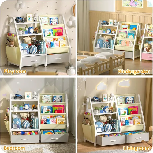 Vista 7 de Estantería para niños y organizador de juguetes Twinkoo, estante resistente de 3 niveles, estantería con bandeja y 2 contenedores de juguetes