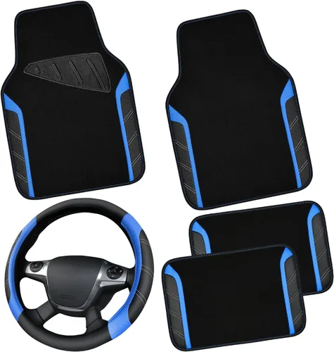 Vista 20 de CAR PASS Funda para volante de cuero y alfombrillas de coche impermeables, combo universal de microfibra para coche, diseño deportivo antideslizante