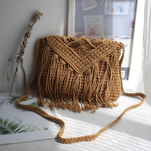 Vista 2 de Bolso de hombro de algodón hecho a mano para mujer, con solapa, con flecos, con borlas, tejido a mano, bohemio