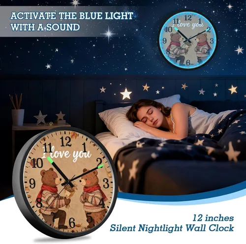 Vista 7 de Luminous Voice-Activated Wall Clocks Non-Ticking Silent Battery Operated Small Analog Clock I Love You Retro Bear Propose Brown 12 Inch Decorative