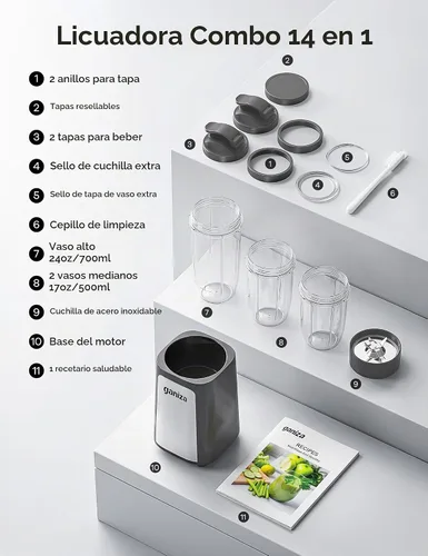 Vista 5 de Ganiza Licuadora de batidos, 14 batidos y batidos personales portátiles Gris