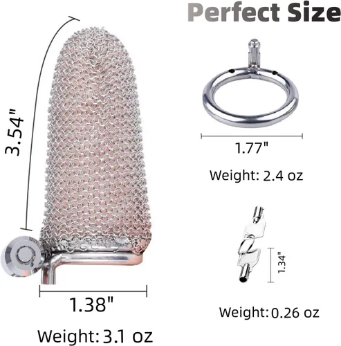 Vista 2 de Jaula de castidad masculina, dispositivo de castidad de malla metálica flexible para el pene con anillo de 1.772 in, juguete sexual para adultos