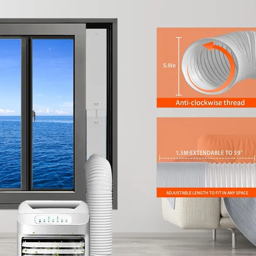 Vista 4 de Kit de ventilación de ventana de CA portátil con manguera de 59 pulgadas, sello de ventana de CA de 5.9 pulgadas, ajustable para ventanas correderas