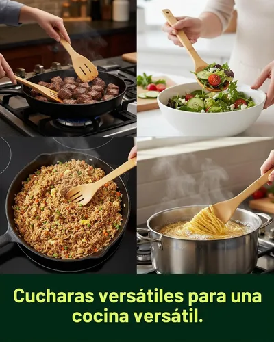 Vista 6 de Cucharas de bambú para cocinar - Juego de 8 cucharas con soporte - Cucharas de cocina de madera - Utensilios de cocina de bambú no tóxicos