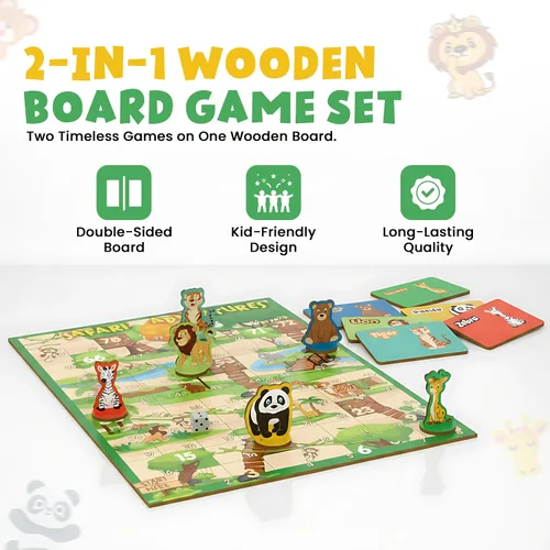 Vista 2 de Juegos de mesa de madera 2 en 1 para niños y familias – Juego de mesa Ludo de madera premium y juego de mesa de serpientes y escaleras Juego