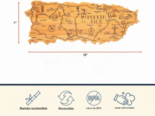 Vista 4 de Totally Bamboo Destination Puerto Rico - Tabla para servir y cortar con forma de Puerto Rico, incluye corbata para colgar en la pared