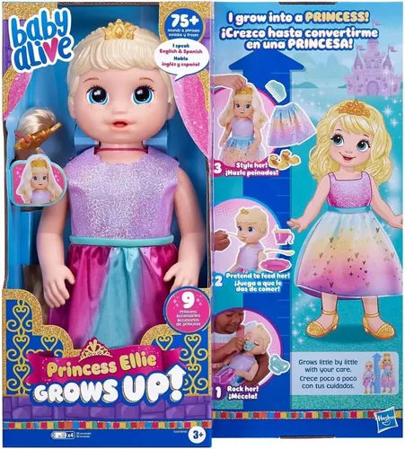 Vista 3 de Baby Alive Princesa Ellie Grows Up! Muñeca interactiva con accesorios, juguetes para más de 3 años, 18 pulgadas