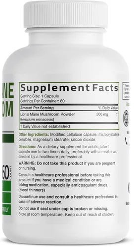 Vista 2 de Bronson Hongos melena de león 500 mg Hericium Erinaceus sin OMG, 60 cápsulas vegetarianas