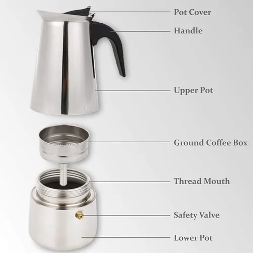 Vista 4 de elabo Máquina de café expreso y olla Moka para estufa de gas o cerámica eléctrica, cafetera italiana para espresso italiano, capuchino y café