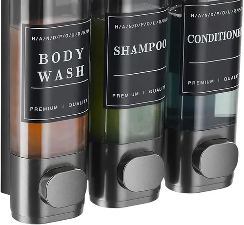 Vista 4 de Shampoo and Conditioner Dispenser 3 Chamber Shower Dispenser No Drill Gray