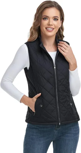 Vista 2 de LONGKING Chaleco para mujer con un bolsillo interior, cuello alto, ligero, con cremallera, acolchado, para mujer