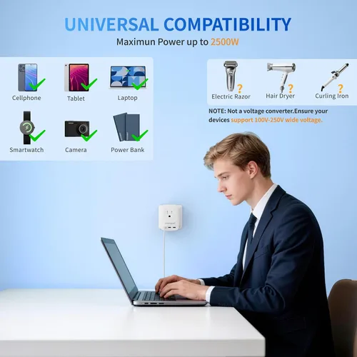Vista 6 de Adaptador de viaje universal GaN de 45 W, adaptador de corriente internacional 7 en 1 de 2000 W con 3 USB-C (45 W PD)/2 USB-A/2 CA, enchufe mundial