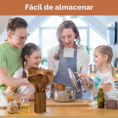 Vista 5 de comfoyar Juego de utensilios de cocina de madera, 7 cucharas de madera de teca natural para cocinar con espátula y cucharón, utensilios de cocina