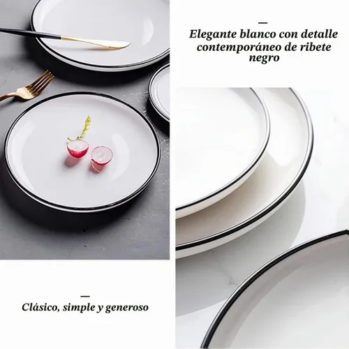 Vista 5 de Platos pequeños de porcelana de 6 pulgadas, color blanco con bordes negros, platos para servir, postre, ensalada, aperitivos, juego de 6