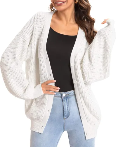 Vista 7 de QUALFORT - Suéter tipo cárdigan de punto para mujer, 100% algodón, de manga larga, con botones y de gran