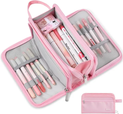 Vista 17 de Sooez Estuche grande para lápices, bolsa para lápices de gran capacidad con 3 compartimentos, organizador portátil de artículos de papelería de lona