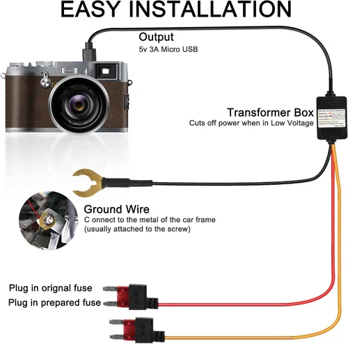 Vista 4 de MEIRIYFA Kit de cable duro Acc para salpicadero, cable micro USB, cable reductor, 12V-24V a DC 5V 3A, cable de alimentación para coche, cámara