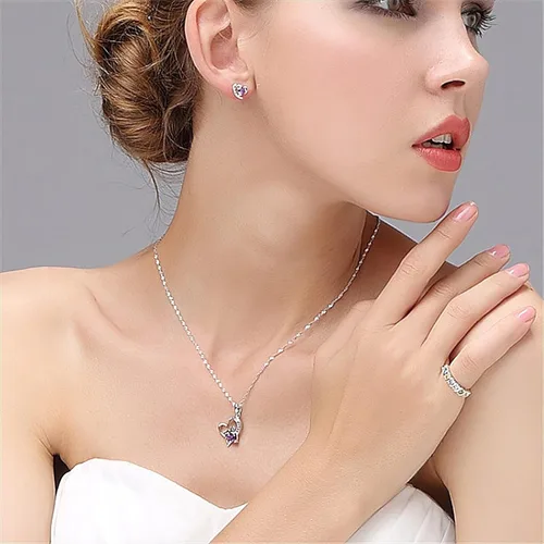 Vista 8 de NUIE - Collar con colgante de plata de ley 925 con forma de corazón y cristal rosa para el día de San Valentín cumpleaños regalo