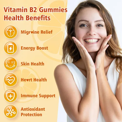 Vista 3 de Gomitas de vitamina B2 – Riboflavina de 400 mg para niños y adultos, alivio de la migraña y alivio del dolor de cabeza, veganas, sin azúcar, sabor