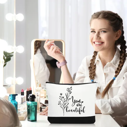 Vista 7 de Coume 10 Piezas Bolsas de Maquillaje de Lona de Flores Bohemias al Por Mayor, Bolsas de Cosméticos con Citas Inspiradoras Estéticas en Blanco