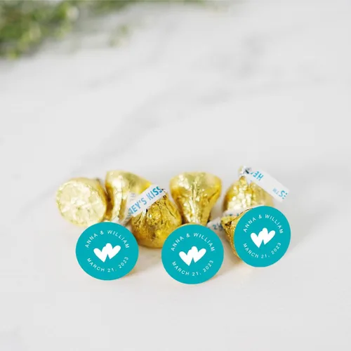 Vista 2 de Andaz Press Etiquetas personalizadas de gota de chocolate para boda, nombres y fecha redondos, turquesa aguamarina, paquete de 240, personalizadas