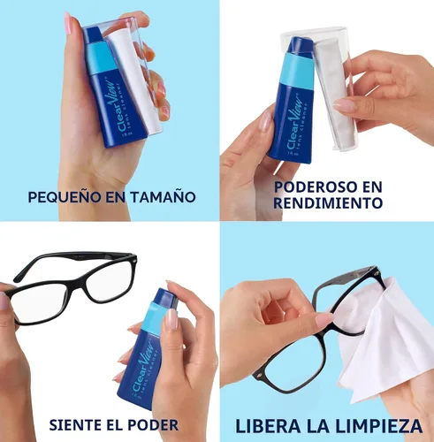 Vista 2 de Kit portátil de limpieza de lentes Clear View – Tamaño de viaje con solución de limpieza premium, spray recargable + paño de microfibra, seguro