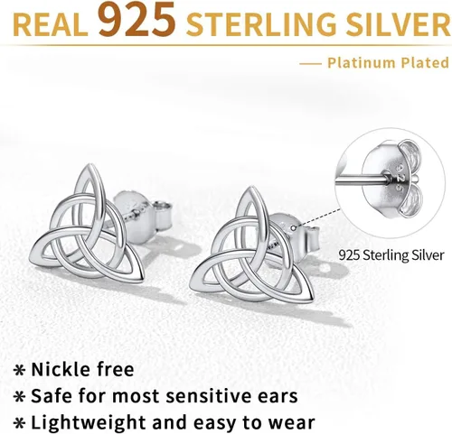 Vista 4 de ChicSilver Aretes de nudo celta hipoalergénicos de plata de ley 925 con forma de corazóntriángulo, joyería celta para mujer, plataorooro rosa
