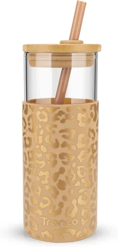 Vista 13 de Tronco Vaso de vidrio de 20 onzas con tapa y popote, taza de café helado y vaso para batido con tapas de bambú y funda protectora de silicona, apto