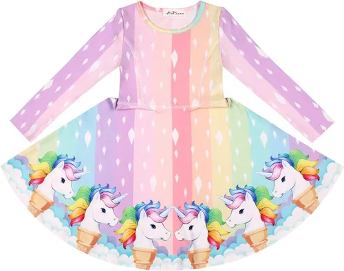 Vista 4 de LaBeca - Vestido sin mangas o de manga larga para niñas, vestidos informales con diseño de unicornio o sirena para niñas pequeñas o grandes
