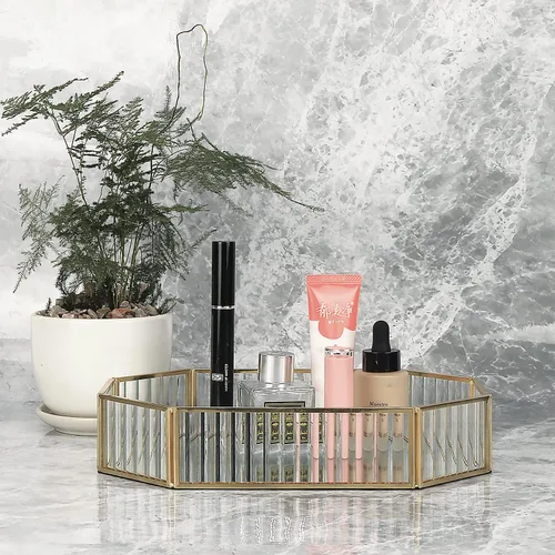 Vista 4 de K COOL Bandeja decorativa de metal dorado con espejo para perfumes, joyas, maquillaje, cosméticos, organizador de almacenamiento para tocador
