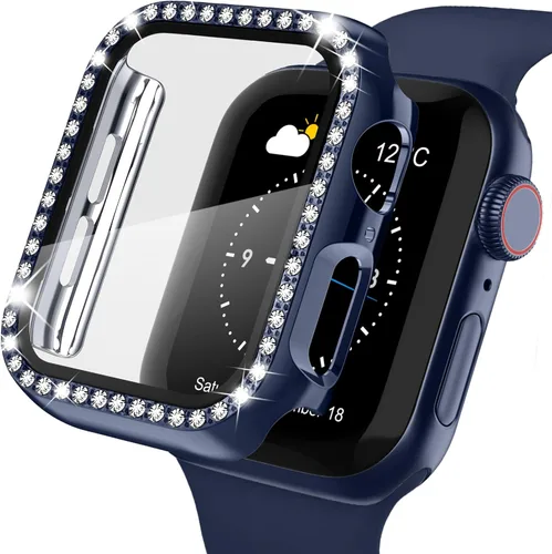 Vista 10 de Recoppa funda para Apple Watch con protector de pantalla con cristales brillantes y diamantes de imitación, ultrafina, funda con protección Negro
