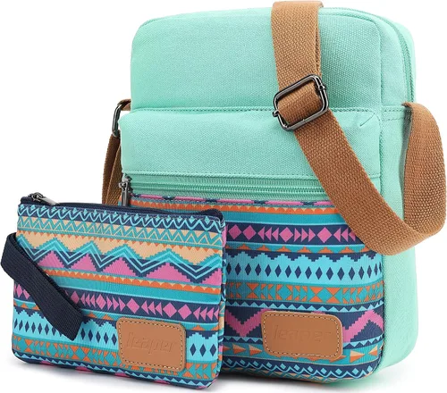 Vista 5 de Leaper - Juego de estuche y cartera bandolera de lona para niñas y mujeres A-verde azulado-r