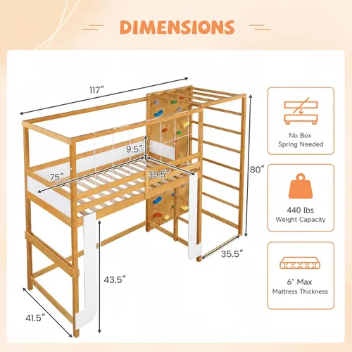 Vista 10 de KOMFOTT Twin Bunk Bed with Jungle Gym, Kids Loft Bed with Rock Wall,Natural
