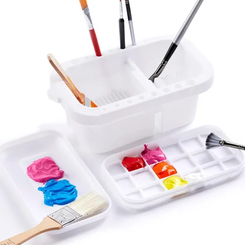 Vista 11 de SEVENY Limpiador de pinceles, soporte y organizador con paleta, azul Bandejas y Enjuagador Incluido, Para Pintura Acrílica, Para Pinturas De