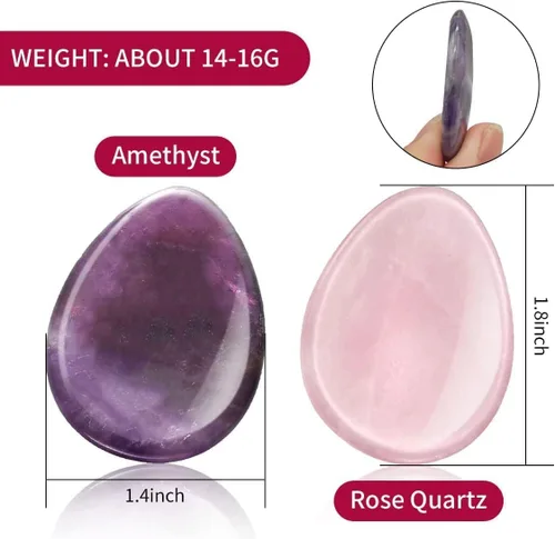 Vista 2 de Paquete de 2 piedras de preocupación para el pulgar para la ansiedad, juego de cristales curativos de amatista de cuarzo rosa natural, piedras