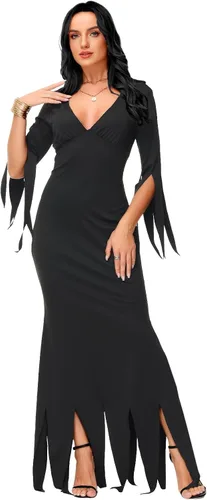 Vista 6 de AOBUTE Disfraz de Morticia de Halloween para mujer, vestido largo ajustado con cuello en V