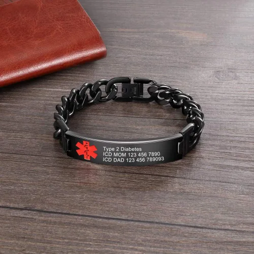 Vista 3 de Lam Hub Fong Pulsera de alerta médica de emergencia personalizada, grabado gratis, se envía al día siguiente, acero de titanio que no se deslustra