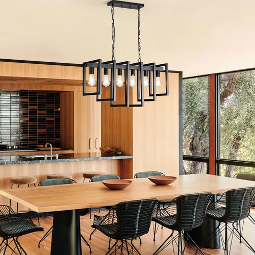 Vista 8 de Lámpara de comedor de 6 luces, candelabros negros para comedor, moderna lámpara de granja, accesorios de iluminación colgantes rectangulares